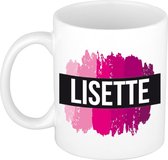 Lisette  naam cadeau mok / beker met roze verfstrepen - Cadeau collega/ moederdag/ verjaardag of als persoonlijke mok werknemers