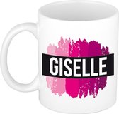 Giselle naam cadeau mok / beker met roze verfstrepen - Cadeau collega/ moederdag/ verjaardag of als persoonlijke mok werknemers