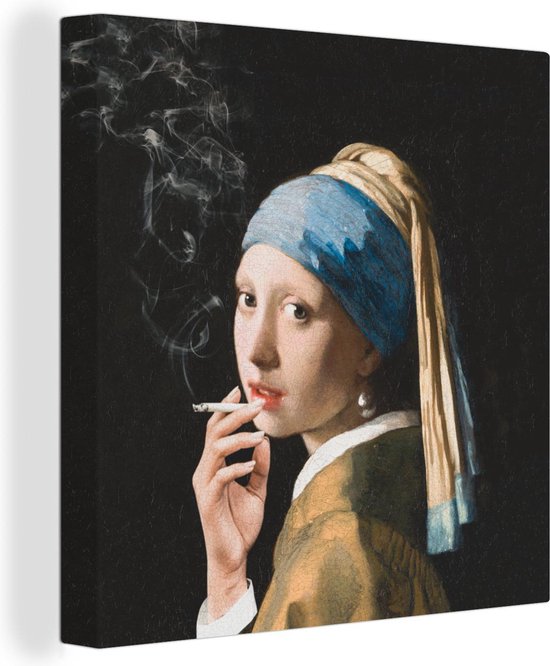 Canvas Schilderij Het meisje met de parel - Vermeer - Roken - 20x20 cm - Wanddecoratie