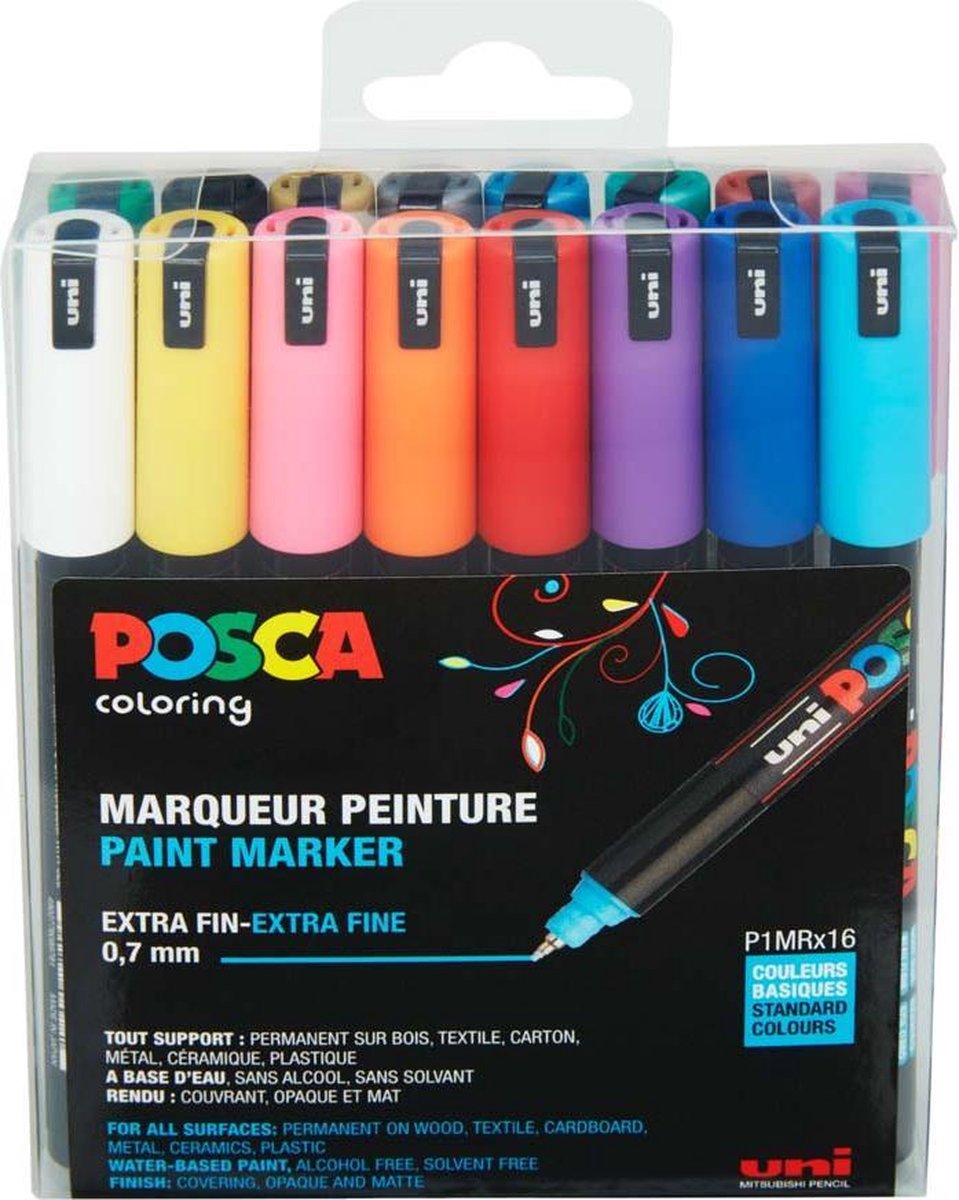 Krijtstift – Fineliner – Universele Marker – Diverse Kleuren – Uni Posca Marker – PC-1MR – 0,7mm – 16 stuks