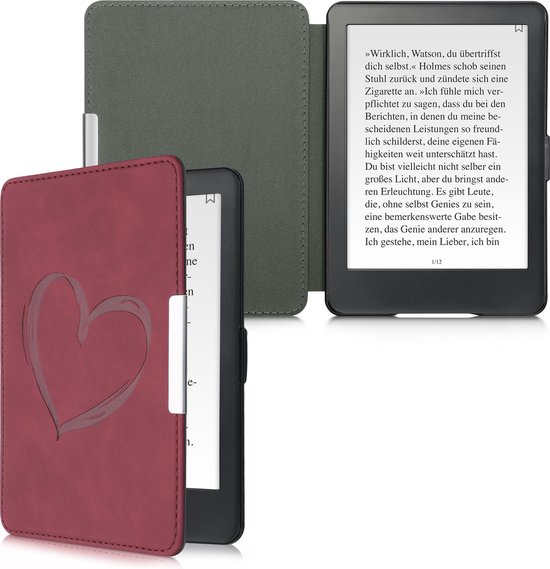 kwmobile e-reader hoesje geschikt voor Amazon Kindle Paperwhite (2012-2017) hoes - Ereader flip case met standaard - Kunstleren e reader cover - Brushed Hart design in donkerrood — afbeelding 4