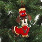 House of Seasons Hond Kerst Ornament - L14 x B2,5 x H18,5 cm - Bruin, Rood