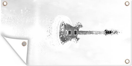 Wanddecoratie buiten Een gitaar vliegt door de lucht - zwart wit - 160x80 cm - Tuindoek - Buitenposter