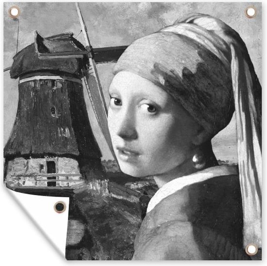 Tuinposters Het meisje met de parel - Johannes Vermeer - Zwart - Wit - 50x50 cm - Tuindoek - Buitenposter