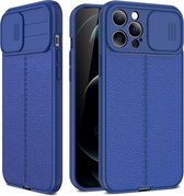 Litchi Texture Sliding Camshield TPU-beschermhoes voor iPhone 12 Pro Max (blauw)