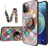 Geschilderd etnisch patroon van gehard glas TPU schokbestendig hoesje met opvouwbare magnetische houder en nekriem voor iPhone 12 Pro Max (geruit)