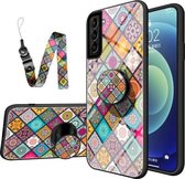 Voor Samsung Galaxy S21 + 5G Geschilderd Etnisch Patroon Gehard Glas TPU Schokbestendig Hoesje met Opvouwbare Magnetische Houder & Nekband (Geruit)