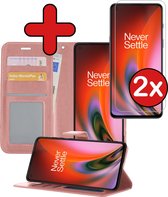 OnePlus Nord 2 Hoesje Book Case Hoes Portemonnee Cover Met 2x Screenprotector - OnePlus Nord 2 Case Hoesje Wallet Case - rose Goud