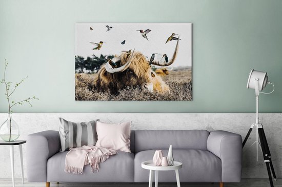 Peintures sur toile Scottish Highlander - Vogel - Bruyère - 120x80 cm - Décoration murale