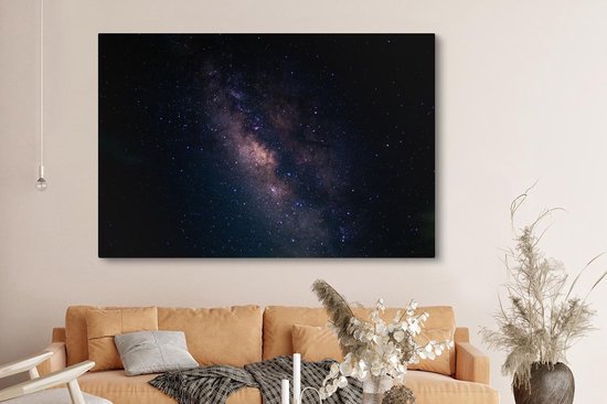 Canvas schilderij 150x100 cm - Wanddecoratie Sterren - Sterrenhemel - Paars - Muurdecoratie woonkamer - Slaapkamer decoratie - Kamer accessoires - Schilderijen