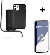 Coverzs Silicone case met koord - Telefoonhoesje met koord - Backcover hoesje met koord - touwtje - geschikt voor Apple iPhone 12 / 12 Pro - zwart + glazen Screen Protector