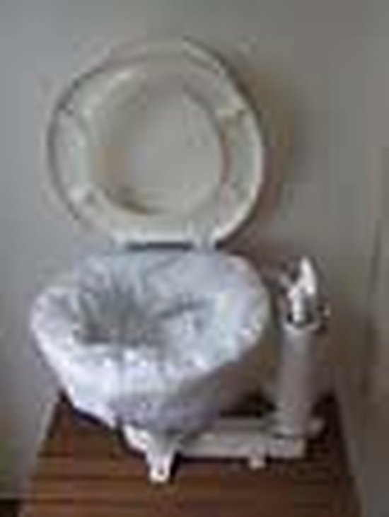 Wit mobiel toilet met deksel omhoog, bekleed met een witte absorberende zak.