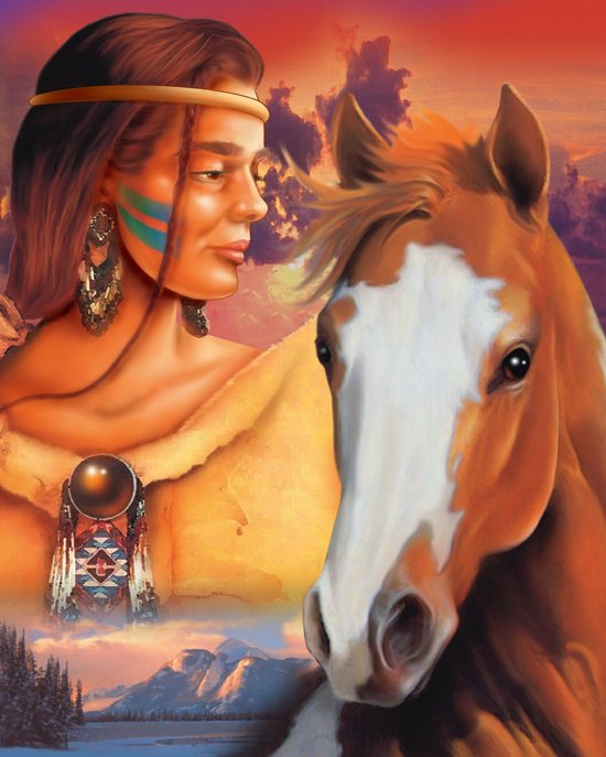 verlamming karton Sta op Diamond Painting Indianen meisje met paard Diamond Painting 40x50cm. DP  Volledige... | bol.com
