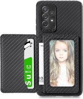 Voor Samsung Galaxy A72 5G/4G Koolstofvezel Magnetische Kaart Tas TPU + PU Schokbestendig Achterkant Case met Houder & Kaartsleuf & Fotolijst (Zwart)