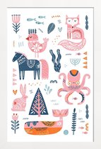 JUNIQE - Poster in houten lijst Patchwork Animals -20x30 /Roze & Wit