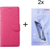 Oppo Reno6 5G - Bookcase Roze - portemonee hoesje met 2 stuk Glas Screen protector