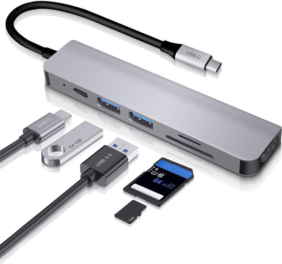 I Wannahave 6 in 1 - Aluminium Thunderbolt 3 - USB-C Adapter Hub - 4K HDMI - Thunderbolt 3 - Type C Hub SD/Micro SD - Lezer Type C Poort Voor o.a. Apple Macbook / Macbook Pro 2016 / 2017 / 2018 - Space Grey