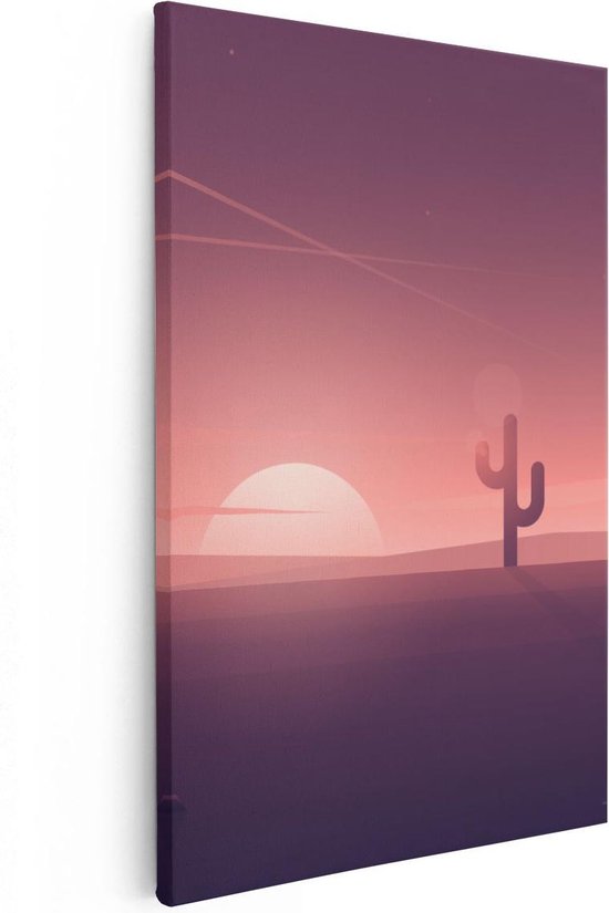 Artaza Canvas Schilderij Zonsondergang In De Woestijn Met Een Cactus - 20x30 - Klein - Foto Op Canvas - Canvas Print