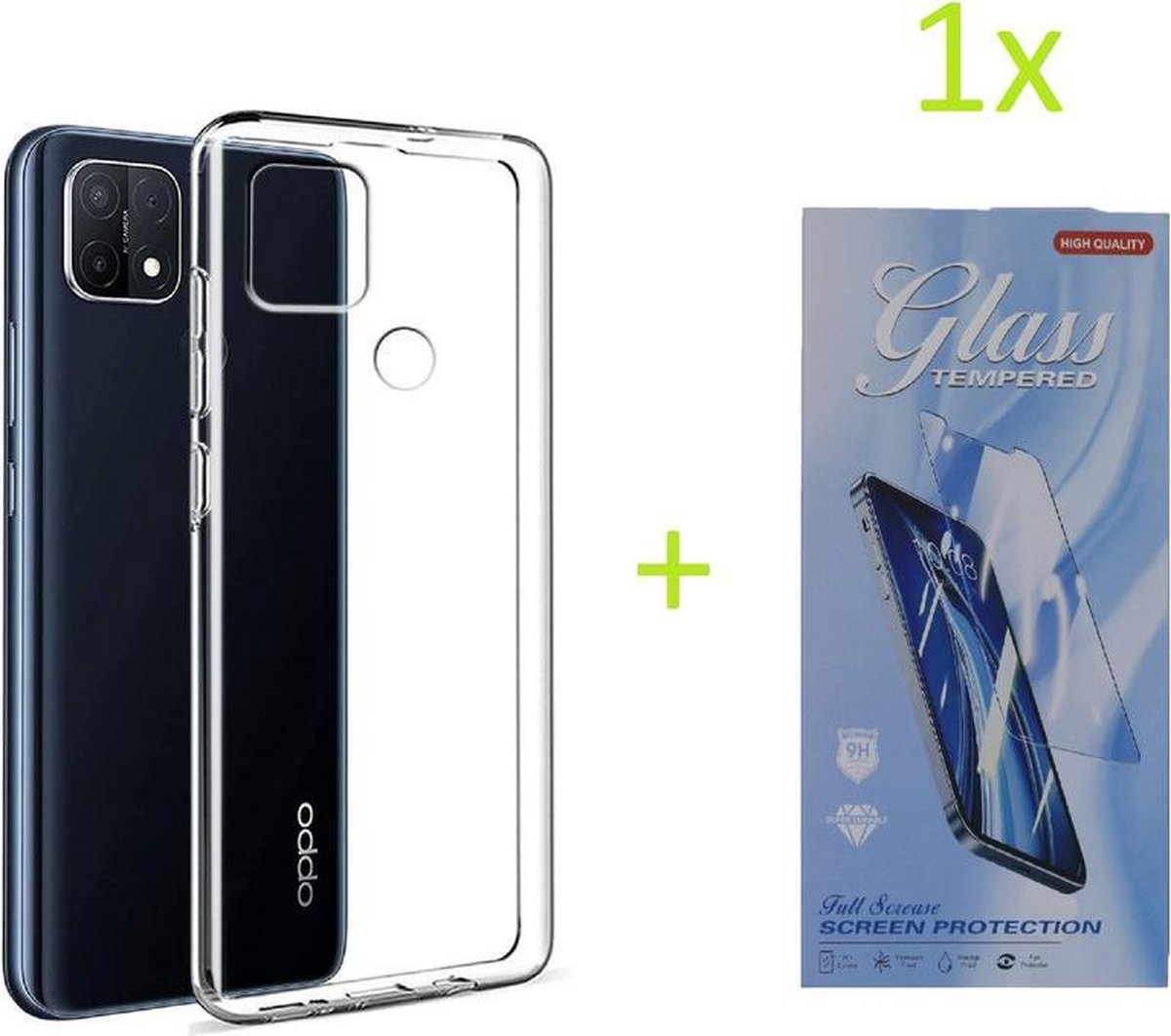 Oppo A15 Hoesje Transparant TPU Silicone Soft Case + 1X Tempered Glass Screenprotector