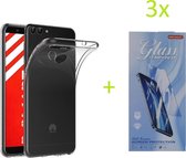Hoesje Geschikt voor: Huawei P Smart 2018 Transparant TPU silicone Soft Case + 3X Tempered Glass Screenprotector