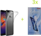 Hoesje Geschikt voor: Motorola Moto E6 Play Transparant TPU Siliconen Soft Case + 3X Tempered Glass Screenprotector