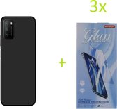 Xiaomi Poco M3 TPU Silicone rubberen hoesje + 3 Stuks Tempered screenprotector - zwart