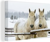 Canvas Schilderij Paarden - Sneeuw - Hek - 30x20 cm - Wanddecoratie