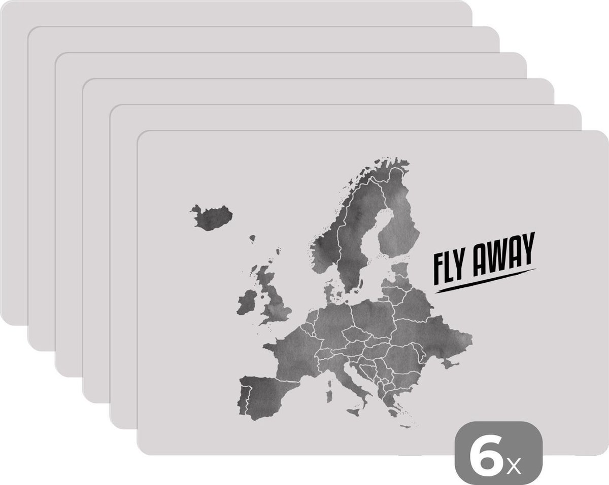 Placemat - Placemats kunststof - Europakaart in grijze waterverf met de quote Fly away - zwart wit - 45x30 cm - 6 stuks - Hittebestendig - Anti-Slip - Onderlegger - Afneembaar