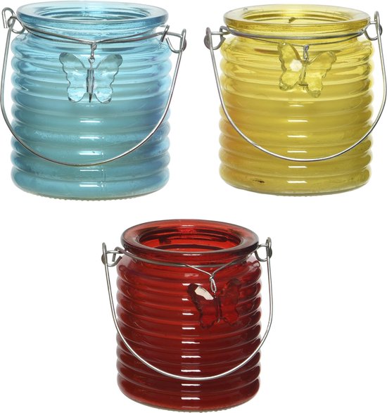 Set van 3x stuks citronella anti muggen kaarsen windlicht blauw, geel en rood 20 branduren