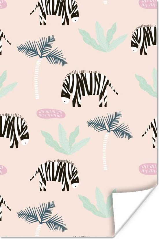 Poster Zebra - Planten - Roze - 120x180 cm XXL