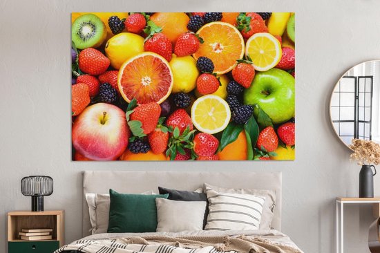 Canvas schilderij 180x120 cm - Wanddecoratie Aardbei - Citroen - Fruit - Muurdecoratie woonkamer - Slaapkamer decoratie - Kamer accessoires - Schilderijen