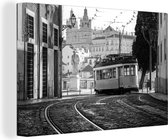 Canvas Schilderij Portugal - Lissabon - Tram - Zwart - Wit - 60x40 cm - Wanddecoratie