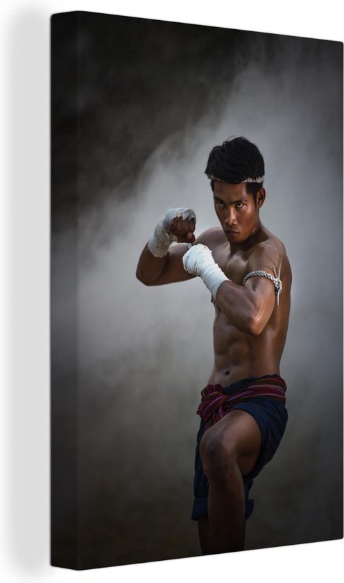 Canvas Schilderij Vechtsport - Mist - Thailand - Muay Thai - 20x30 cm - Wanddecoratie