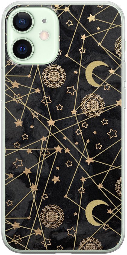 Coque souple noire pour iPhone 12 Mini avec un motif de soleil, lune et étoiles dorées.