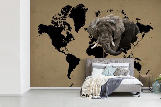 Carte du monde noire avec un éléphant dessus 390x260 cm