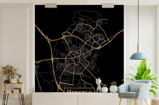 Behang - Fotobehang Kaart - Hengelo - Luxe - Goud - Zwart - Breedte 350 cm x hoogte 350 cm