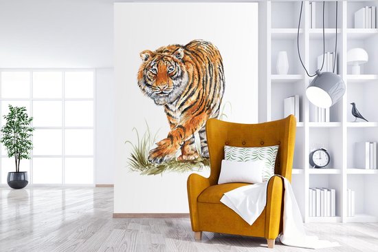 Behang - Fotobehang Tijger - Poten - Gras - Breedte 160 cm x hoogte 240 cm