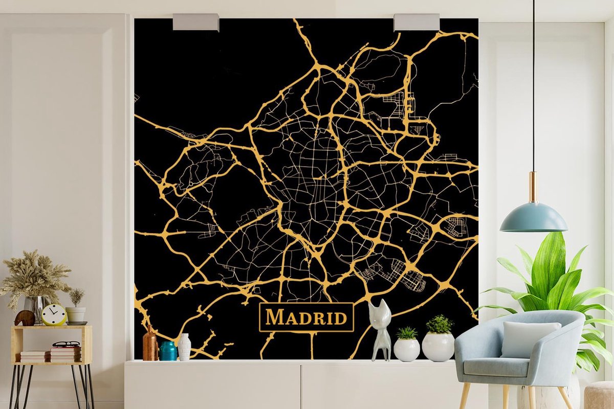 Behang - Fotobehang Kaart - Madrid - Goud - Zwart - Breedte 350 cm x hoogte 350 cm