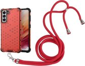 Voor Samsung Galaxy S21 FE Schokbestendig Honingraat PC + TPU Case met Nekkoord (Rood)