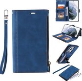 Voor Samsung Galaxy S21 Ultra 5G Side Zipper Back Card Horizontale Flip PU Leather Case met Kaartsleuven & Portemonnee & Fotolijst & Lanyard (Blauw)