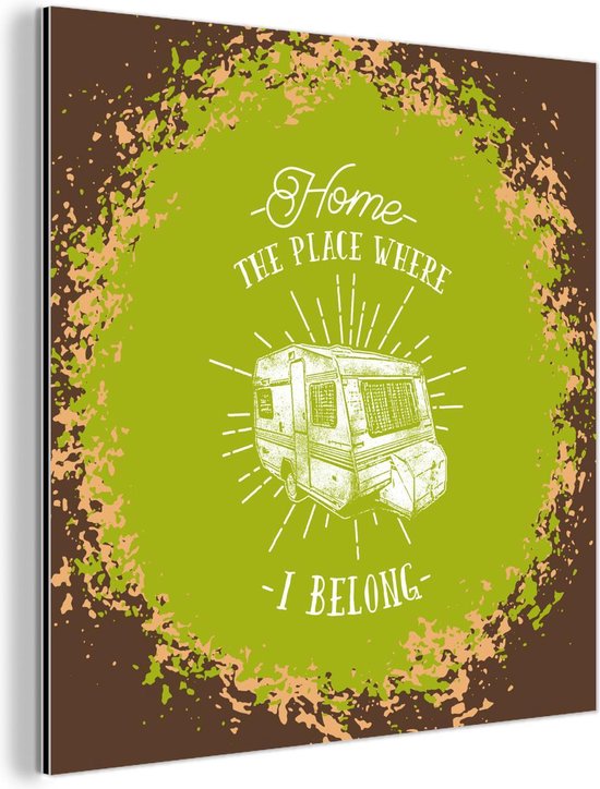 Plaque murale Métal - Décoration murale Métal - Vintage - Caravane - Vert - 20x20 cm - Dibond