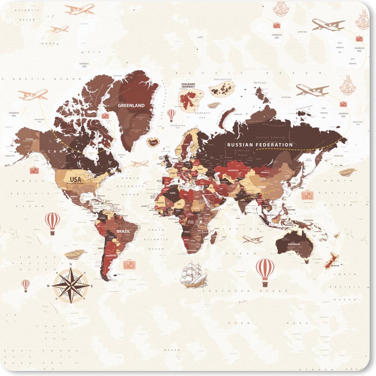 Muismat 20x20 cm - Mousepad Wereldkaart - Bruin - Vliegtuig - Muismatten
