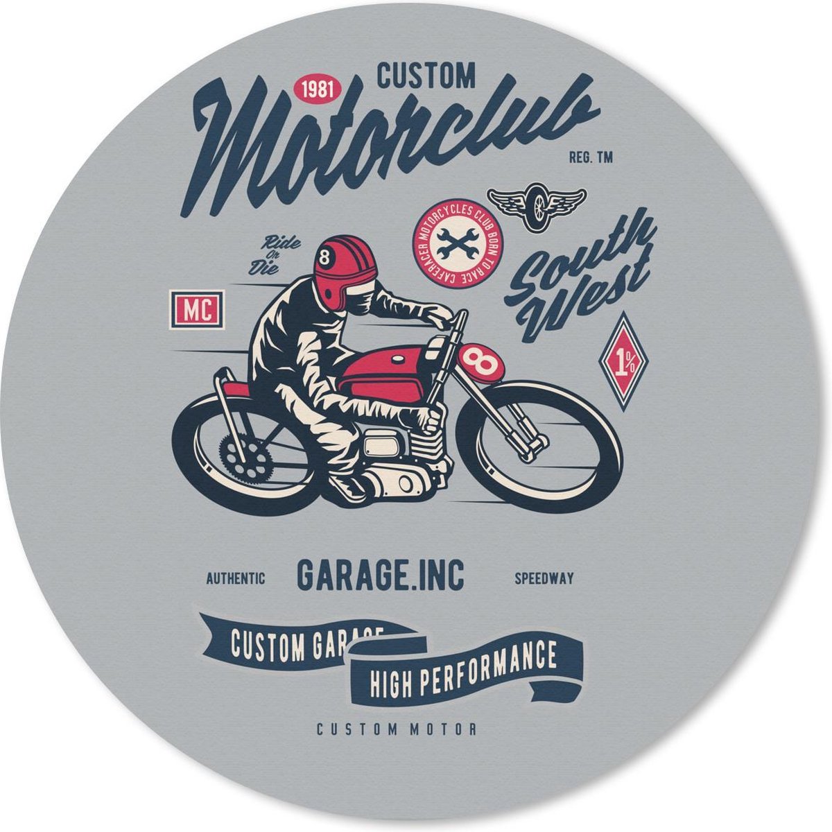 Muismat rond 30x30 cm - Mousepad Motorfiets - Helm - Vintage - Tekening - Ronde muismatten