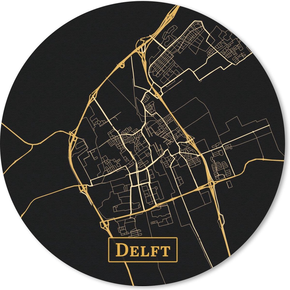 Muismat rond 30x30 cm - Mousepad Kaart - Delft - Goud - Zwart - Ronde muismatten