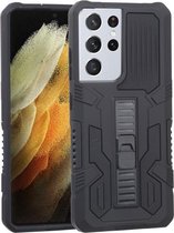 Voor Samsung Galaxy S21 Ultra 5G Vanguard Warrior All Inclusive dubbele kleur schokbestendig TPU + pc-beschermhoes met houder (rotszwart)