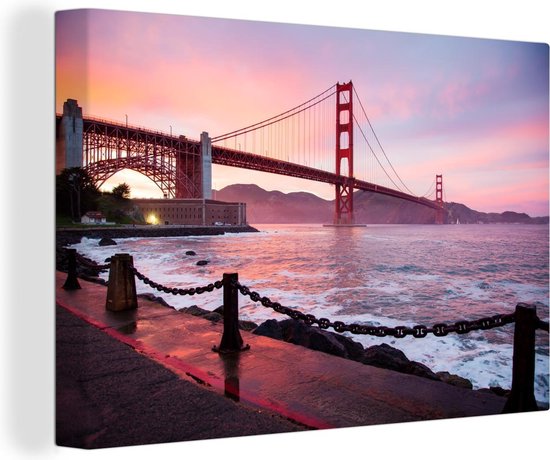 Canvas - Canvasdoek - San Francisco - Zee - Brug - Gebergte - Amerika - Wanddecoratie - 150x100 cm - Kamer decoratie