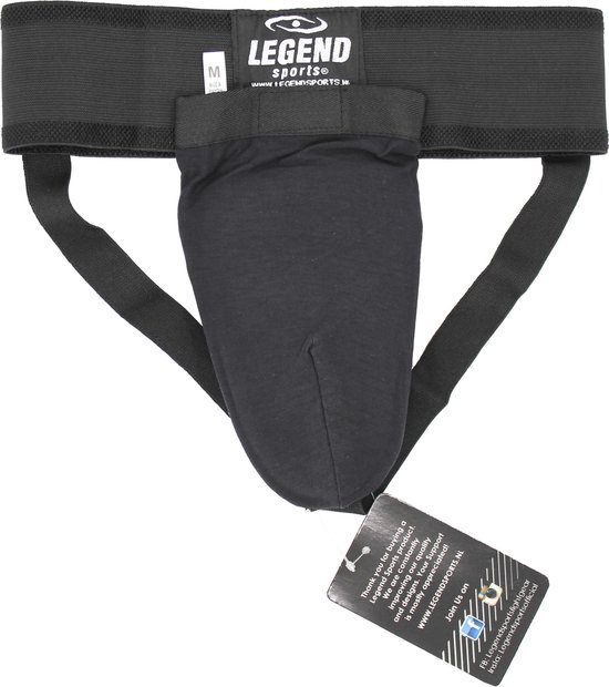 Zwarte kruisbeschermer met brede elastische band en twee bevestigingsbanden. Logo 'Legend Sports' op de band. Maat M.