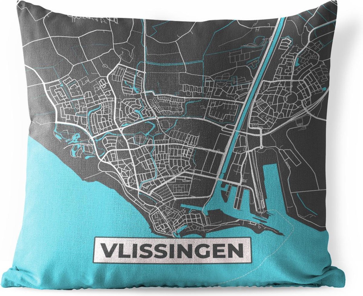 Buitenkussen - Plattegrond - Vlissingen - Grijs - Blauw - 45x45 cm - Weerbestendig - Stadskaart