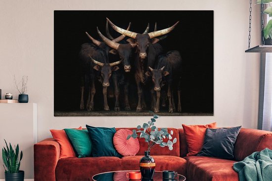 Canvas schilderij 150x100 cm - Wanddecoratie Koeien - Watussi - Zwart - Muurdecoratie woonkamer - Slaapkamer decoratie - Kamer accessoires - Schilderijen