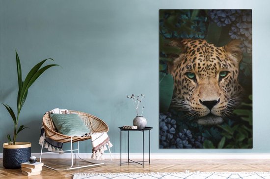 Peintures sur toile Panthère - Jungle - Fleurs - Plantes - 120x180 cm - Décoration murale XXL
